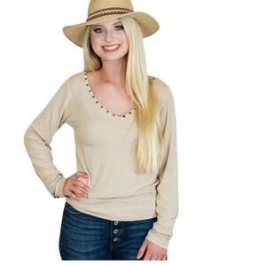 POL Ribbed Deep V-Neck Top Women Large Beige Grommet Trimmed Long Sleeve